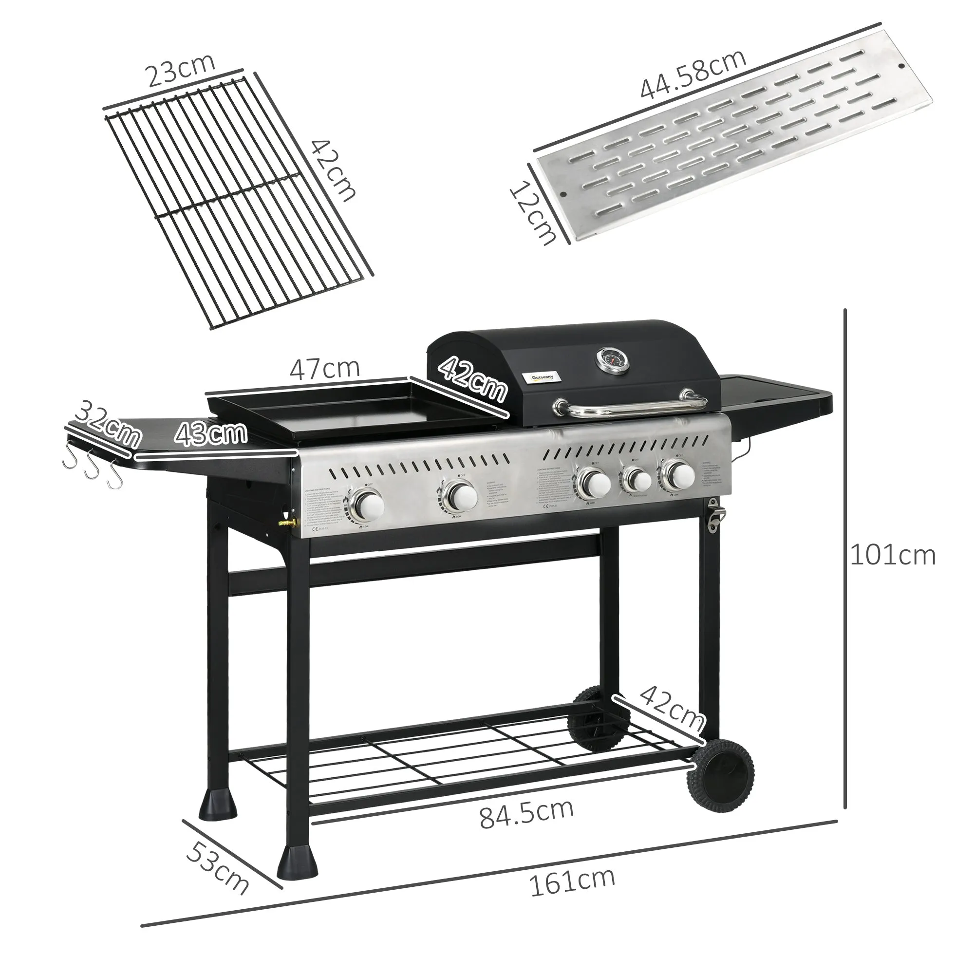 15 kW Gas BBQ Grill and Plancha with Side Burner, Black