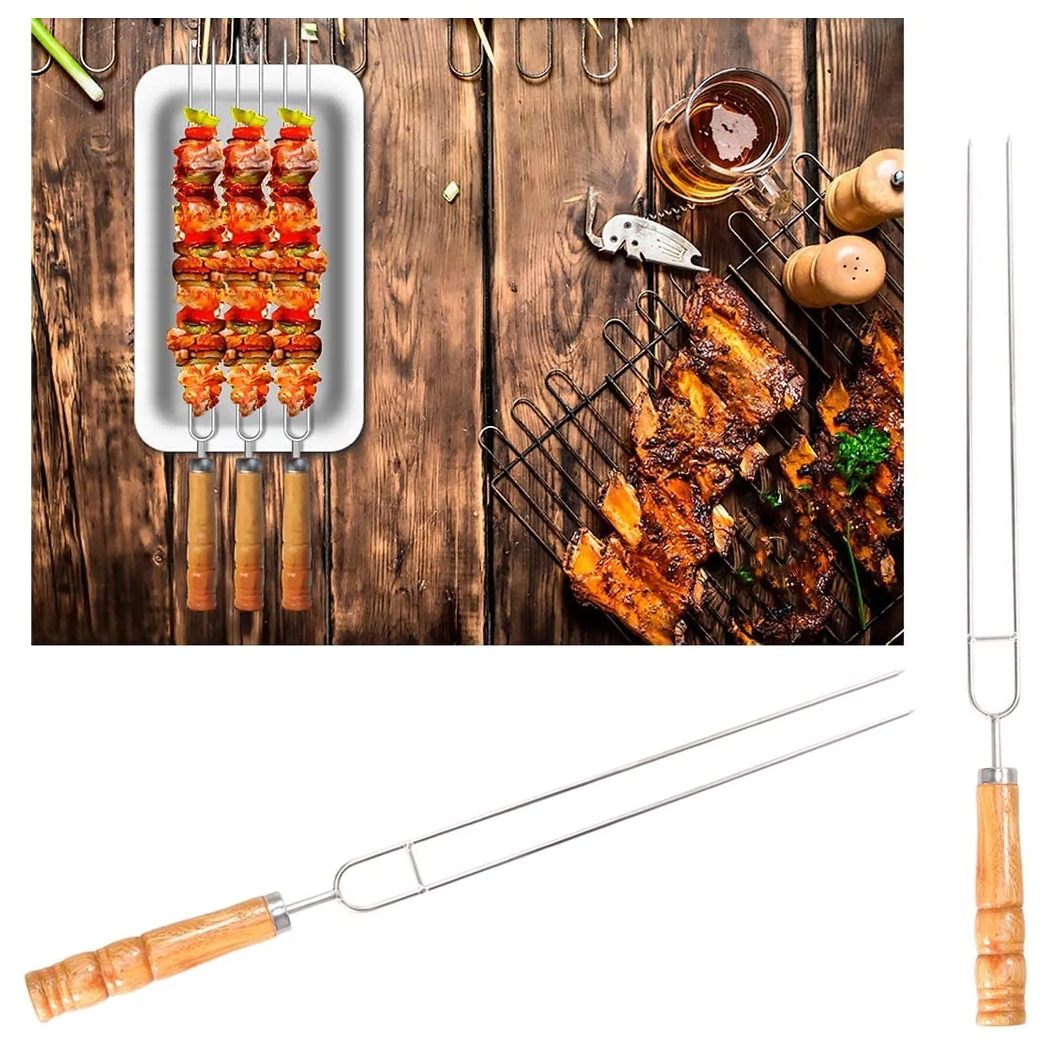 2878 Stainless Steel Double Prongs Roasting Stick BBQ Barbecue Fork Kebab Skewers Wooden Handle