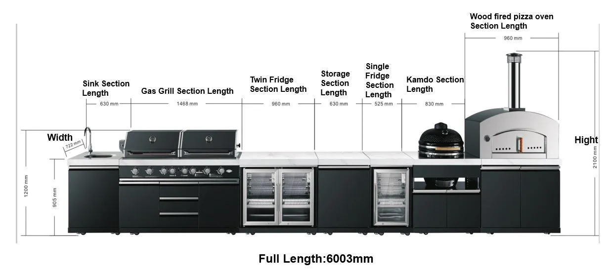 3.63M Element Twin Hood 8-Burner Outdoor BBQ Kitchen   188L Kegerator   Wok Module : Graphite Stainless Steel, Stone Bench, Fridge, Sink, Height Adjustable, Rotisserie with BBQ Cover