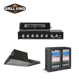 BBQ Bundle 6 Burner BBQ, Bar Fridge King 2-Door Fridge, and the 120CM BBQ Rangehood Canopy