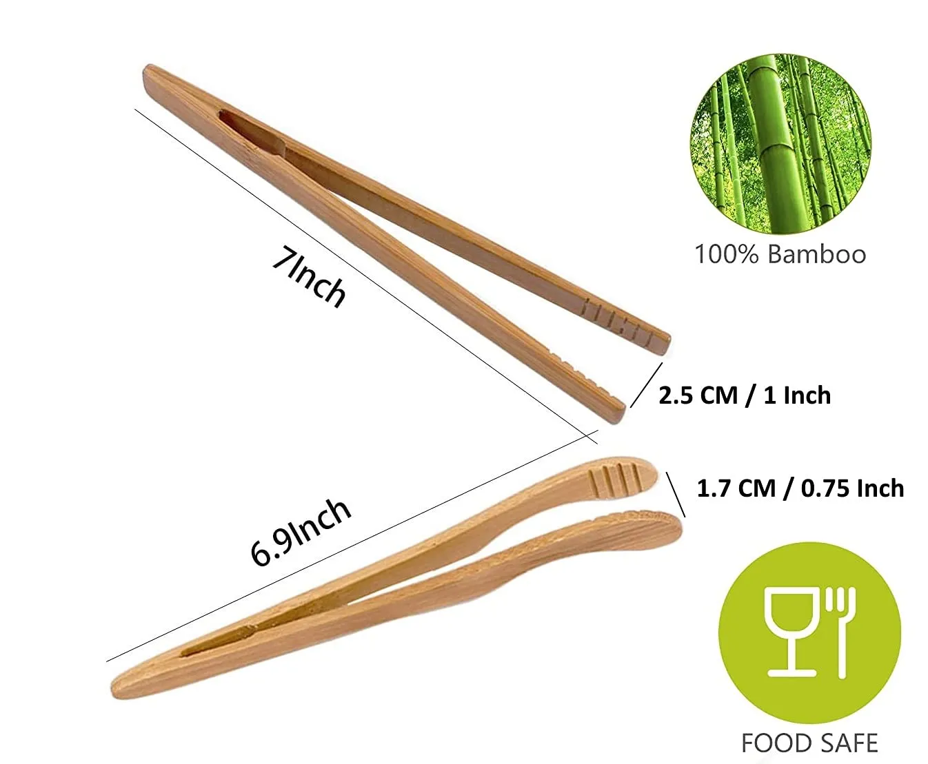 Catchex Bamboo Toaster Tongs for Toast, Bread, Tea Bag Squeezer, Pickles and Other Small Food Items (7", Reusable, Pack of 2)