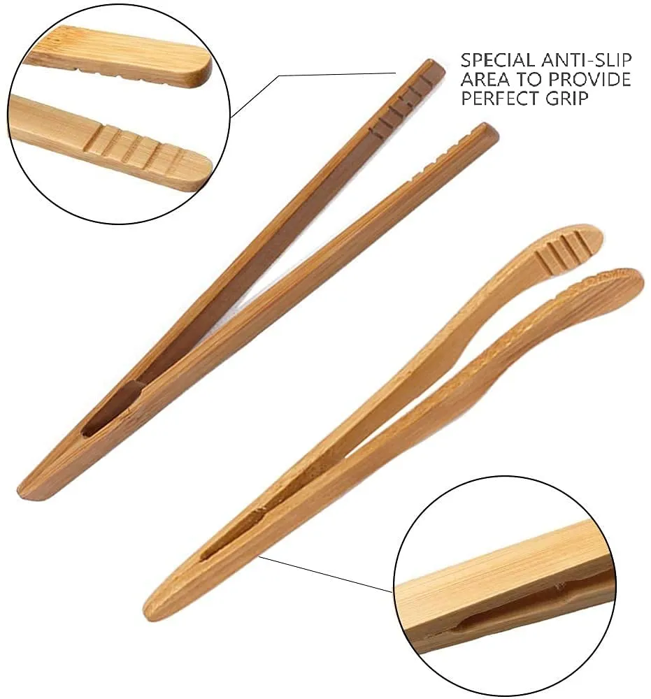 Catchex Bamboo Toaster Tongs for Toast, Bread, Tea Bag Squeezer, Pickles and Other Small Food Items (7", Reusable, Pack of 2)