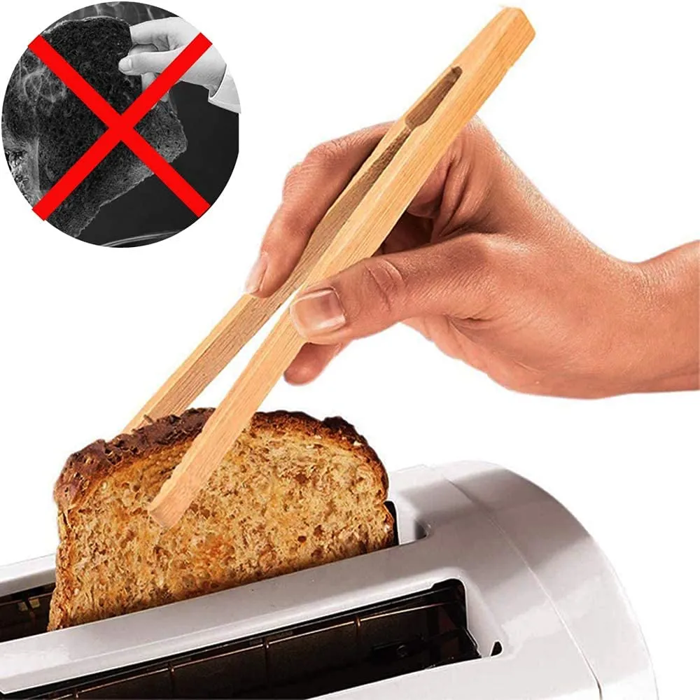 Catchex Bamboo Toaster Tongs for Toast, Bread, Tea Bag Squeezer, Pickles and Other Small Food Items (7", Reusable, Pack of 2)