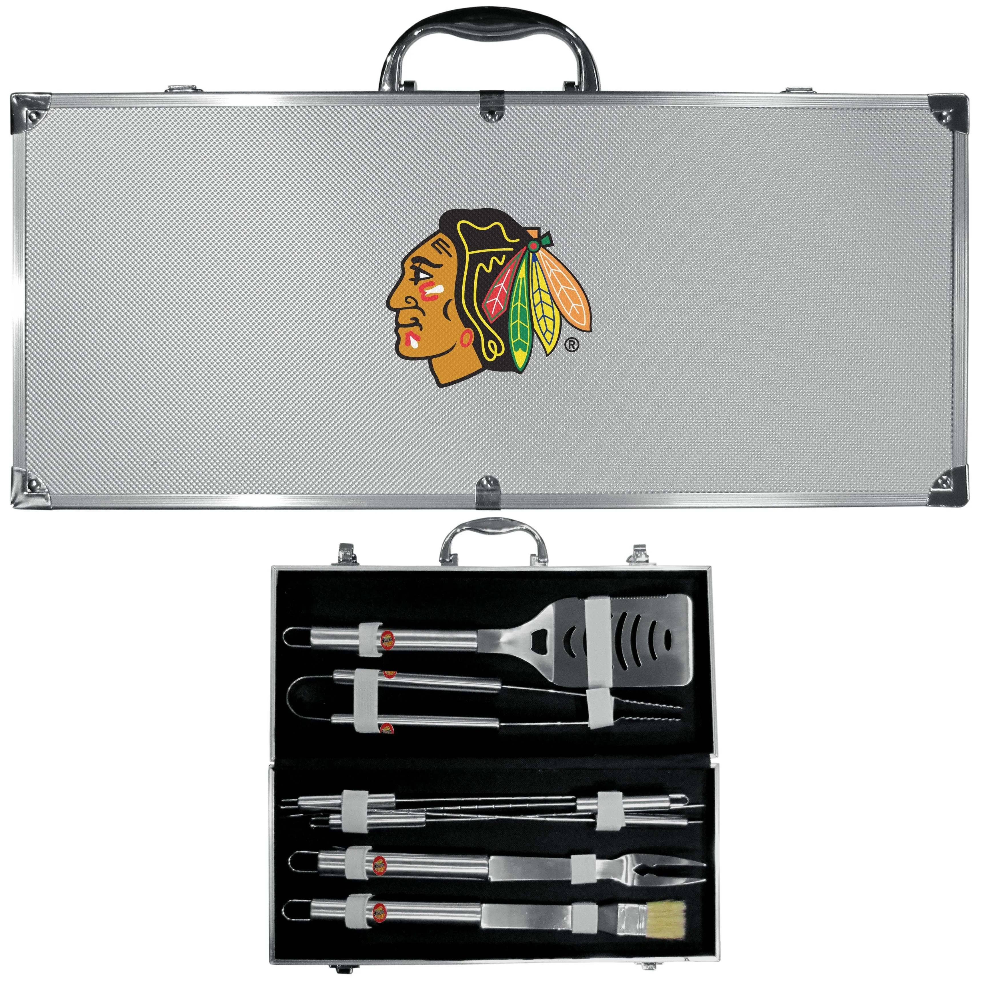 Chicago Blackhawks® 8 pc Stainless Steel BBQ Set w/Metal Case