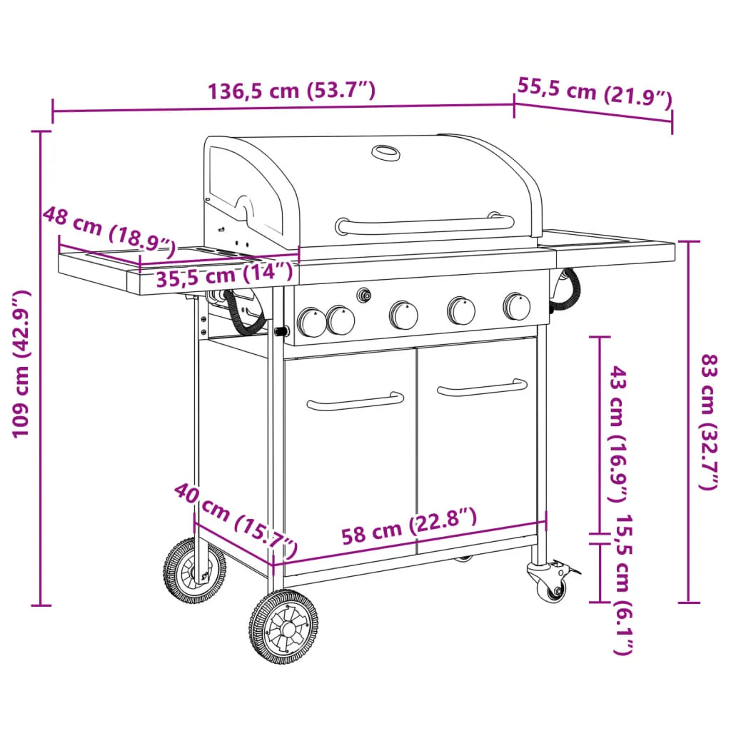 Gas BBQ Grill with 5 Burners Black Powder-coated Steel