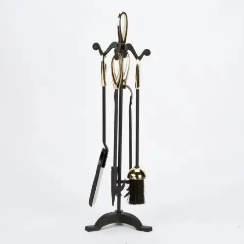 Inglenook Fire 29 5 Piece Fireplace Tools Black Gold Handle, Stand, Brush, Tongs, Poker, Shovel