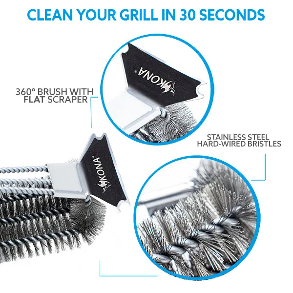 Kona Flat/Scrape Grill Brush and Scraper - Compatible with Weber and Other Brands Flat Grill Grates - BBQ Cleaner for Gas Grills, Stainless Steel Cast Iron Grates - New Flex Grip Handle