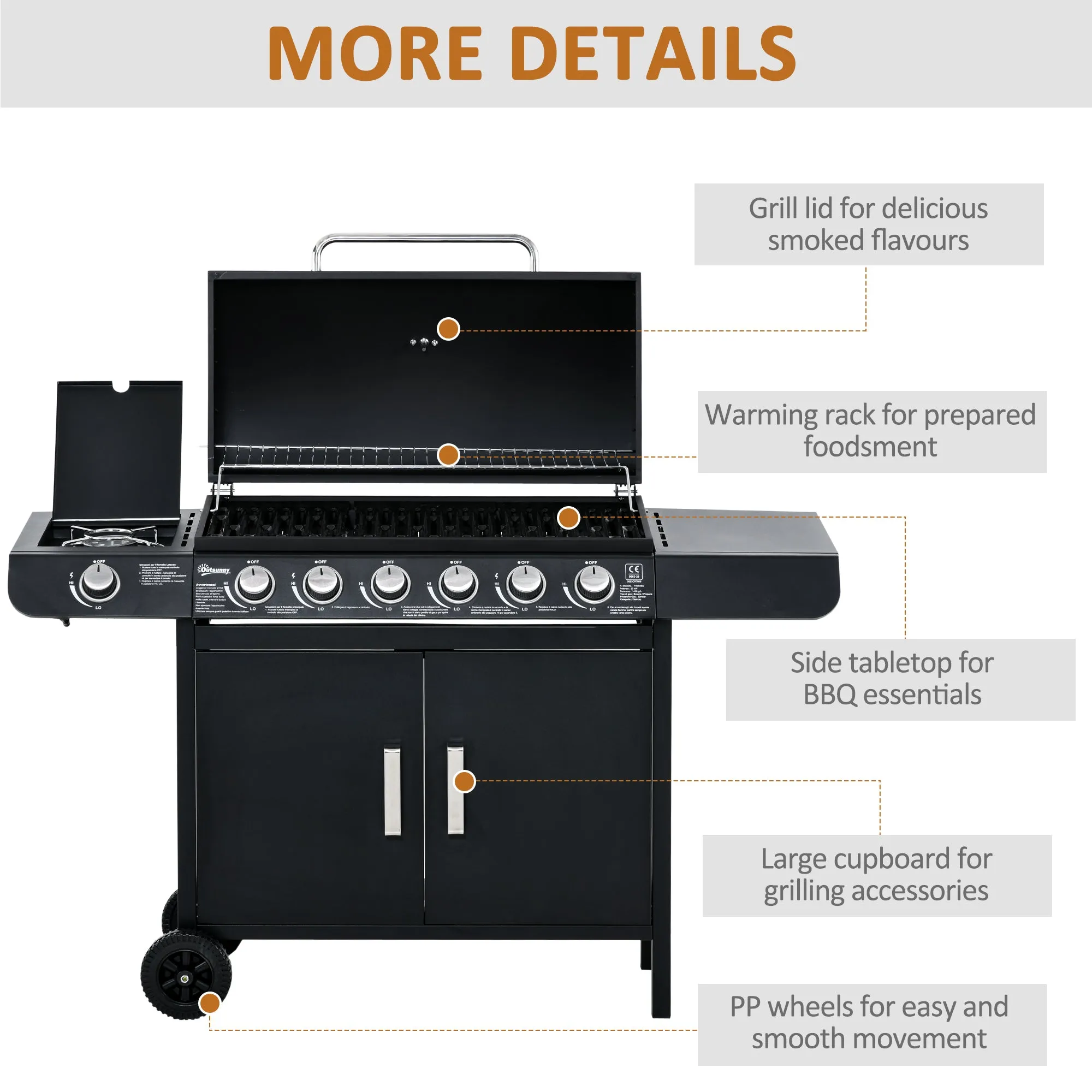 Seven Burner Gas Grill, with Integrated Thermometer and Storage