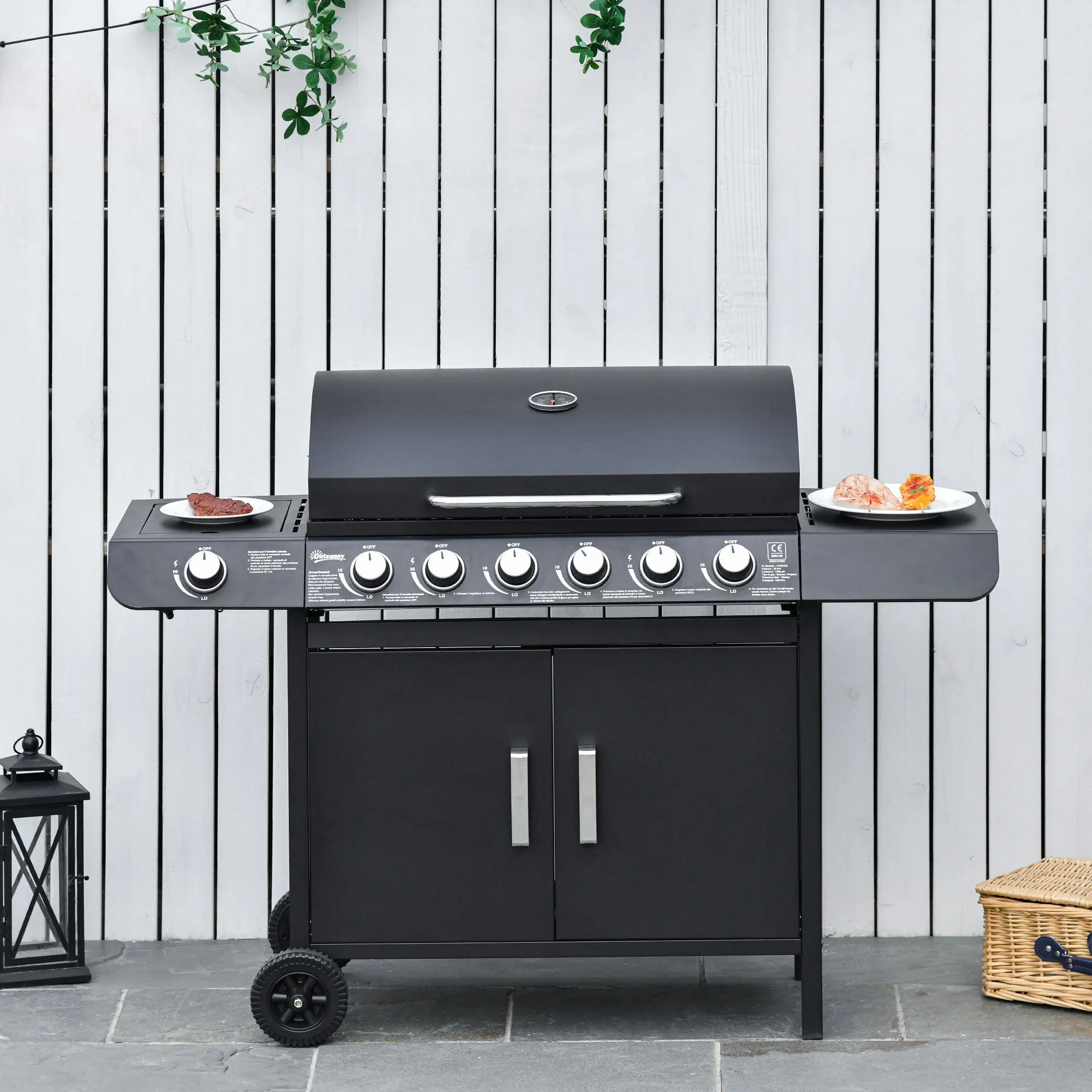 Seven Burner Gas Grill, with Integrated Thermometer and Storage